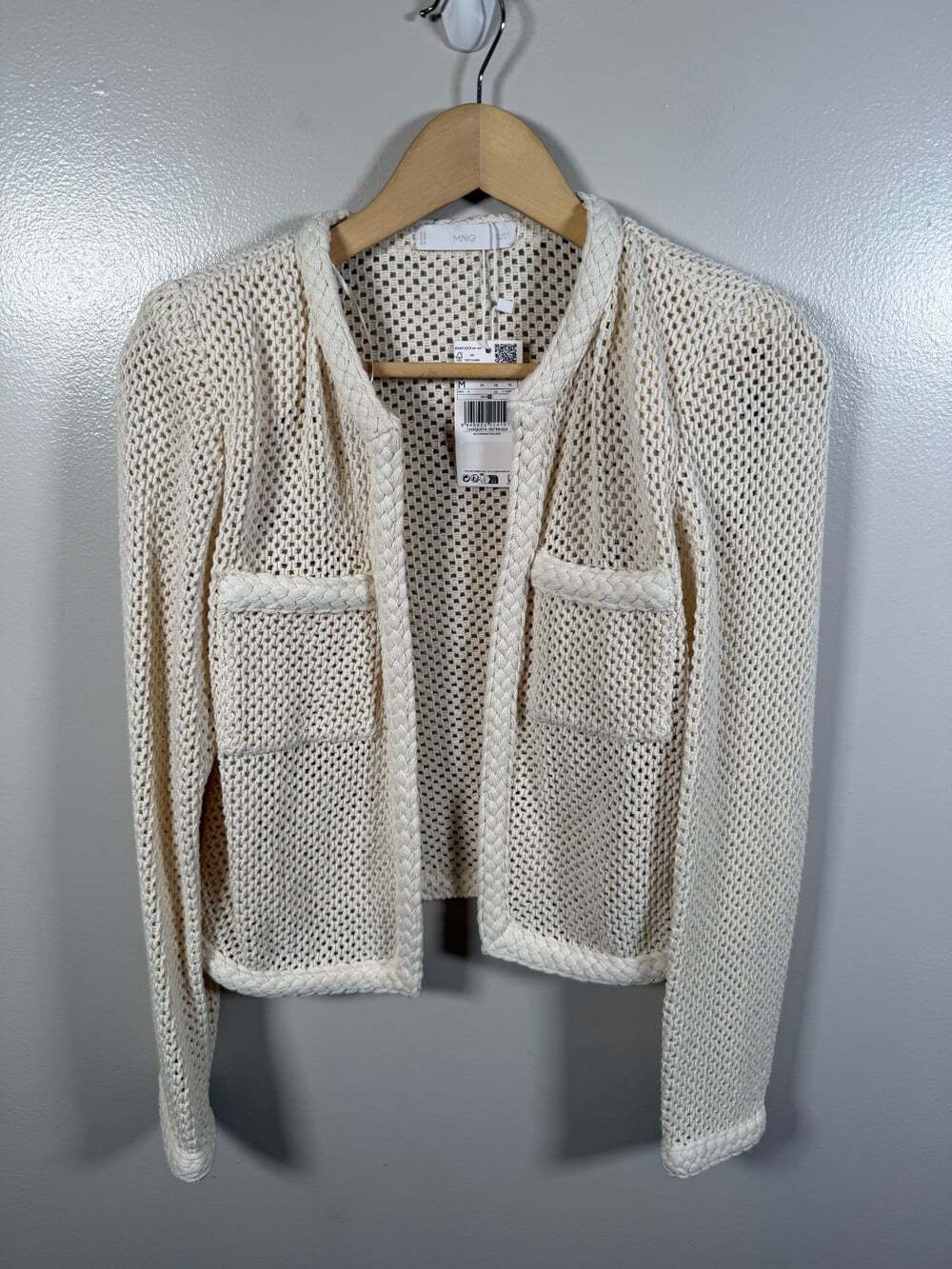 Mango MNG Openwork Knit Jacket Size Medium Ivory Neutral Minimal Parisian